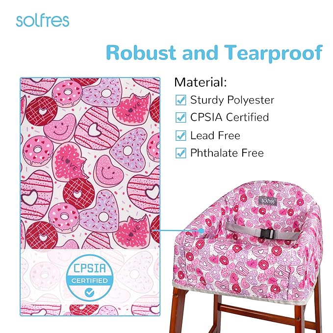 Solfres Dual-Belt High Chair Cover, Baby High Chair Cover, Upgrade Version, for Wooden or Restaurant High Chair, Sturdy and Robust Material, Heart-Shaped Donut, Pink Hot Pink Lilac