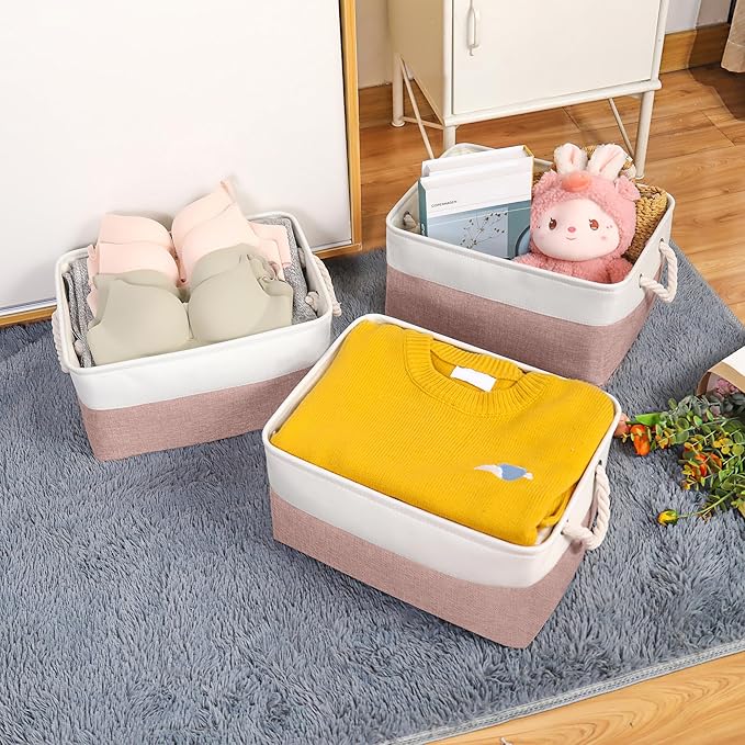 LordCom Storage Bins with Sturdy Cotton Handles(1 Pack), Fabric Storage Baskets for Organizing use for Office & Home, Book, Clothes, Toys, Closet Boxes (Large, Pink-White, 15.7x11.8x7.9 inches)