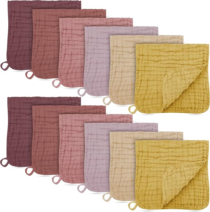 12 Pack Muslin Burp Cloths - Large 20" x 10", Ultra Absorbent 100% Cotton for Baby Drool and Messes - Soft, Gentle Baby Burp Rag for Boys & Girls -Brown, Honey, Bean Paste Series