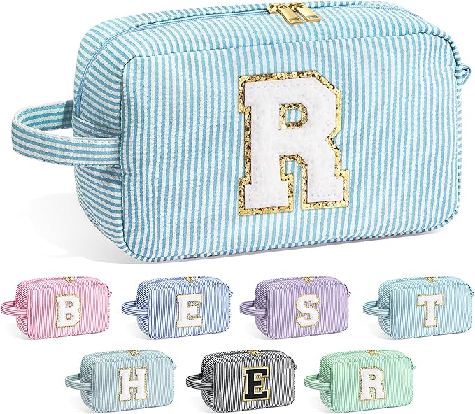 YOOLIFE Birthday Gifts for 6 7 8 9 10 11 12 13 14 15 Year Old Teen Girl - Initial Makeup Bag Letter Toiletry Pouch Cosmetic Case, Personalized Teen Girl Gifts Trendy Stuff Party Favor, Light Blue R