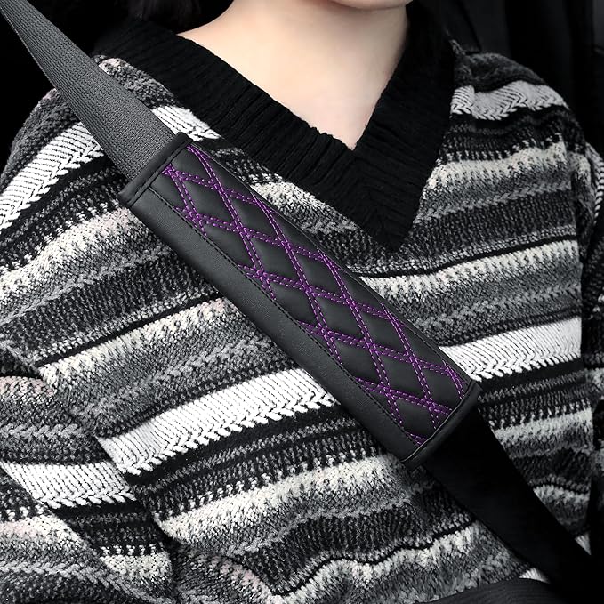 2PCS Car Seat Belt Cover Pads,Leather Seatbelt Covers Protect Shoulder and Neck Car Accessories Interior,Universal Car Seat Strap Pads Car Decorations for Most Cars Trucks (Black/Purple)