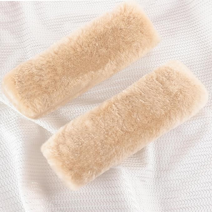 Amooca Authentic Sheepskin Seatbelt Cover Real Wool Car Truck SUV Airplane Seat Belt Shoulder Pad for Carmera Backpack Straps Neck Cushion Protector 2 Pack Beige