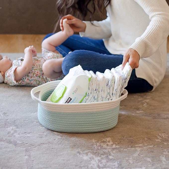 NaturalCozy 3-Piece Oval Storage Basket Set– Soft Natural Rope Woven Baskets for Storage Shelf, Toy, Nursery, Gift, Baby Shower, Pets Cat Dog Bins | Small Basket for Organizing (Off White Turquoise)