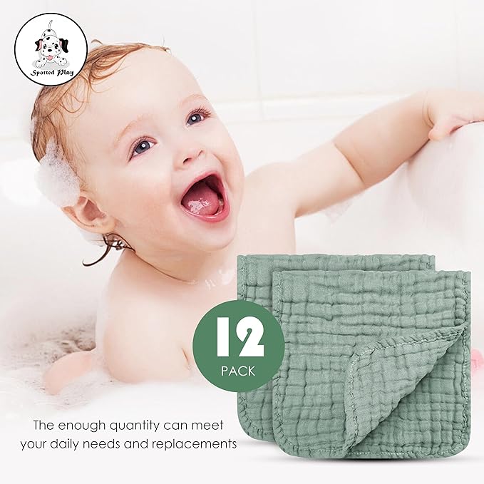 Spotted Play Muslin Burp Cloths 100% Cotton Large 20''x10'' Extra Soft and Absorbent Baby Wash Cloths Spit Up Rags - Baby Burping Cloth for Boys Girls Items(24 Pack Green)