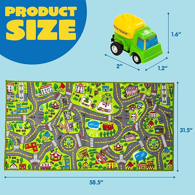 JOYIN Kids Play Rugs - 12 Pull-Back Vehicle Set - Durable Carpet Playmat Rug - City Pretending Play - Toddler Car Track Rug