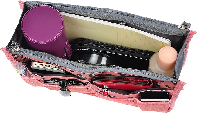 Vercord Purse Organizer Insert for Handbags Bag Organizers Inside Tote Pocketbook Women Nurse Nylon 13 Pockets Pink Leopard Large
