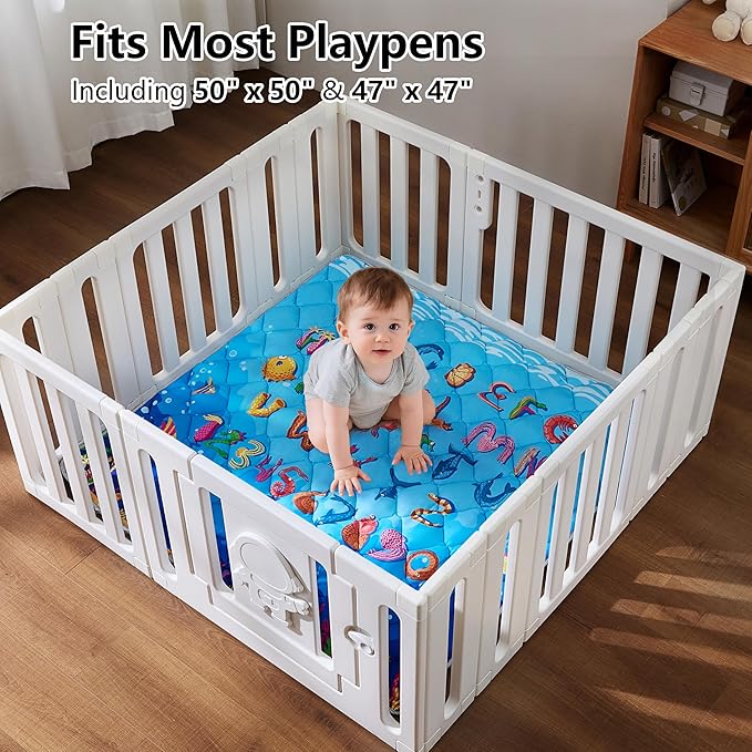 Baby Play Mat for Floor - MORAIS 50x50 Inch with 800g Cotton Filling Thickened Crawling Mat for Playpen, Cushioned Playpen Mat with Anti-Slip Bottom and Animal Alphabet (Ocean Adventure)