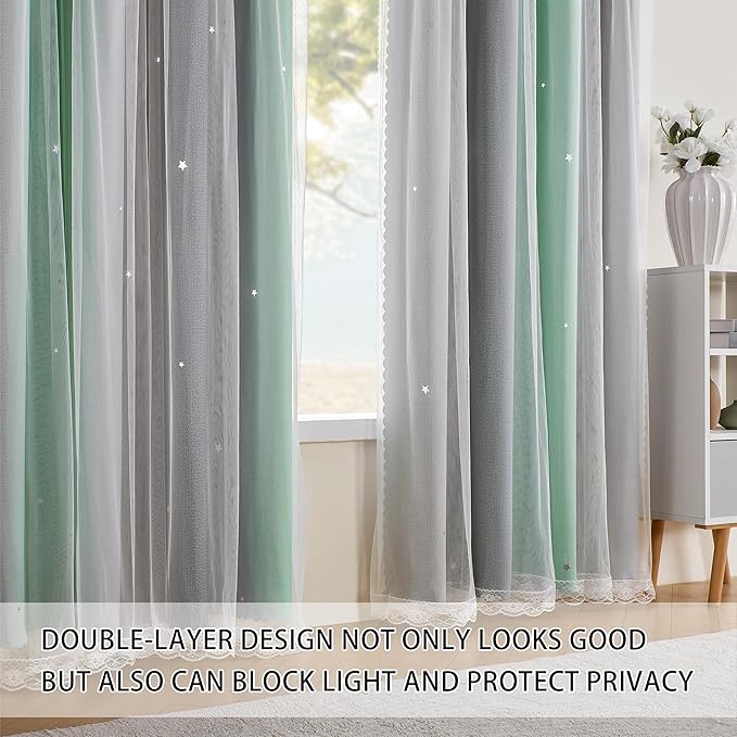 XiDi Girls Curtains for Bedroom 84 Inches Long 2 Panels Green Grey Rainbow Blackout Curtains for Little Girl Kids Room Decor Living Room, Princess Unicorn Wall Decals Grommet Drapes 52x84