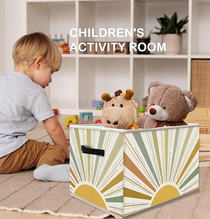 FDHSPAAM Boho Rainbow Sunshine Storage Bins Box with Handles, Abstract Mid Century Modern Minimalist Sun Sunrise Collapsible Fabric Storage Basket Box Organizer for Bedroom Bathroom Clothes Toys Books
