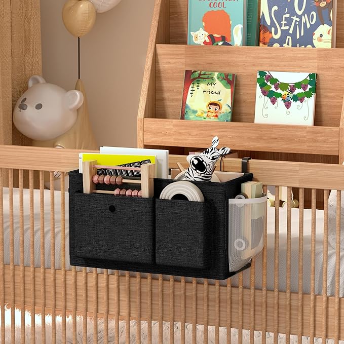 Edudif Bedside Caddy Bedside Organizer with Fixed Straps & Water Bottle Holder, Bunk Bed Caddy ideal for Home, Dorm, Hospital, Crib, Versatile Bedside Storage Solution (Black)