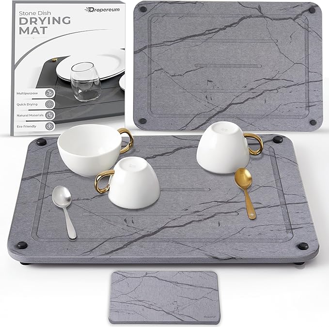 Stone Dish Drying Mat for Kitchen Counter, 2PCS Quick Dry Stone Dishes Mats, Water Absorbing Diatomaceous Earth Drying Pad for Bottles Dish Cups(Dark Gray 15.7"x11.8" & 8"x5")