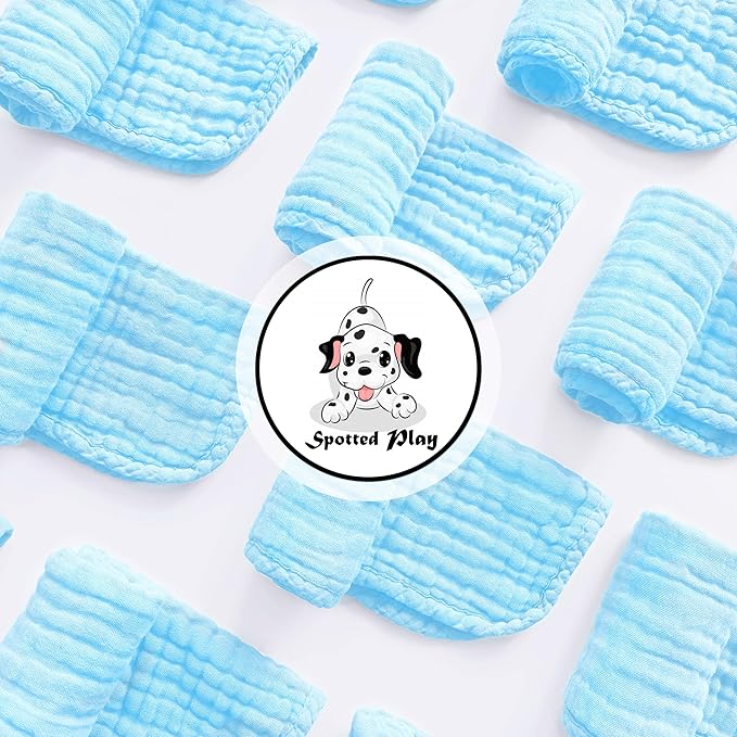 Spotted Play Muslin Burp Cloths 100% Cotton Large 20''x10'' Extra Soft and Absorbent Baby Wash Cloths Spit Up Rags - Baby Burping Cloth for Boys Girls Items(12 Pack Aquamarine)