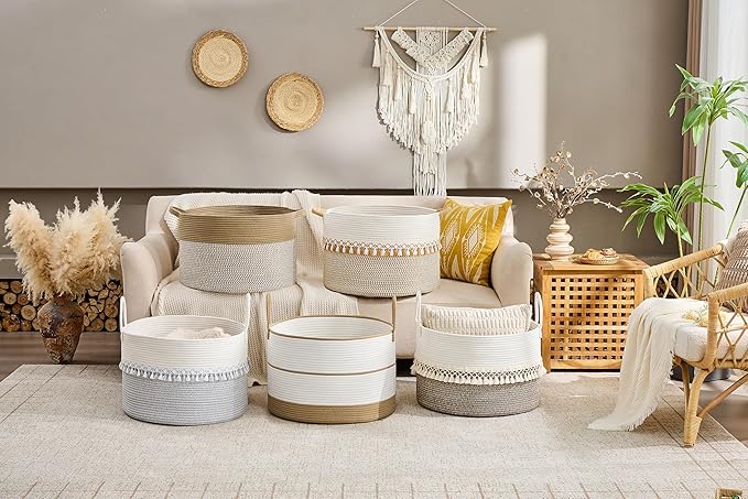 KAKAMAY Cotton Rope Storage Basket (20"x13"),Woven Hamper for Blankets,Toys,Pillows,Clothes,Laundry,Sturdy Handles Decorative Basket for Living Room, Bedroom,Nursery(Brown/White)