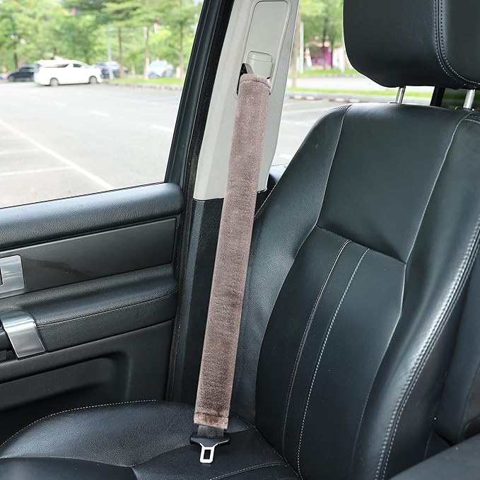 Amooca Soft Faux Fur Universal Fit Seatbelt Cover Car Truck SUV Airplane Seat Belt Shoulder Pad for Carmera Backpack Straps Neck Cushion Protector Extra Long 25.6in Brown Gray