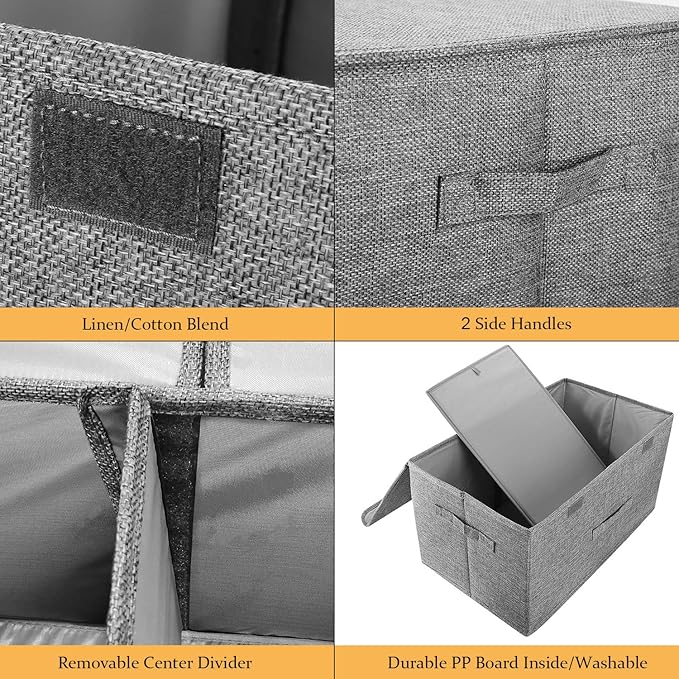 2 Pack Storage Boxes with Lids and Handles, Collapsible Linen Storage Bins Organizer Containers Baskets Cube with Removable Divider for Home Bedroom Closet Office (Orange, Large)