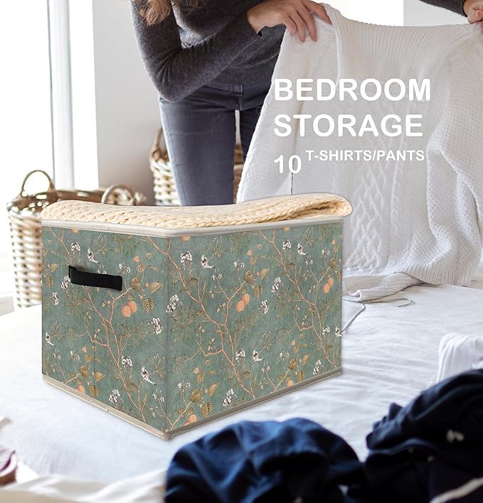 FDHSPAAM Vintage Chinoiserie Bird Floral Storage Bins Box with Handles, Cottagecore Botanical Plant Collapsible Fabric Storage Basket Box Organizer for Bedroom Bathroom Clothes Toys Books