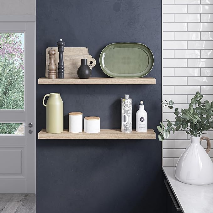 Ballucci Floating Shelves, 36" Wood Wall Shelf Set of 2, with Invisible Brackets for Bathroom, Living Room, Bedroom, Kitchen, Nursery, 6" Deep, Oak Finish