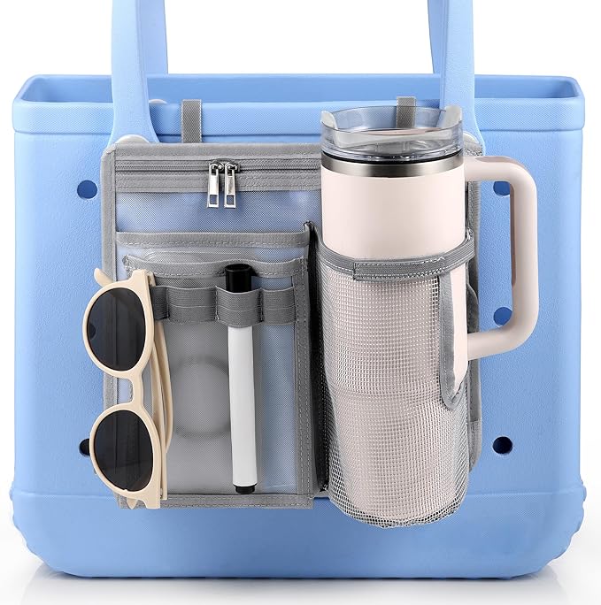 OUTXE Organizer Holder for Bogg Simple Modern Bag Accessories, Cup Phone Holder compatible with Stanley, Univesal Storage Mesh Divider Organizing Insert Pouch for Medium Bog Beach Rubber Tote, Gray