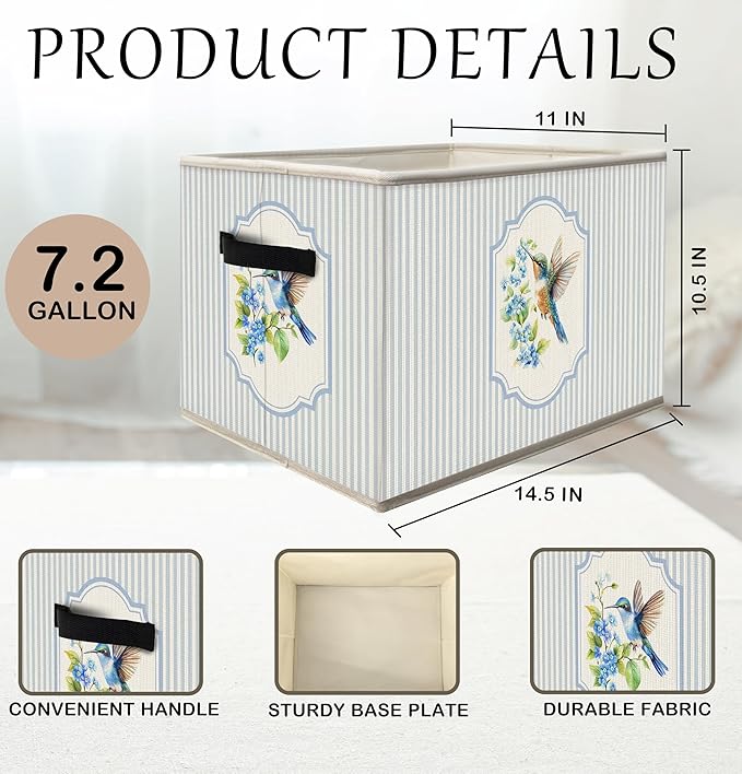 FDHSPAAM Blue Floral Hummingbird Storage Bins Box with Handles, Cottagecore Wildflower Bird Collapsible Fabric Storage Basket Box Organizer for Bedroom Bathroom Clothes Toys Books