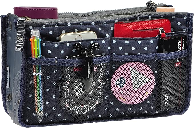 Vercord Purse Organizer Insert for Handbags Bag Organizers Inside Tote Pocketbook Women Nurse Nylon 13 Pockets Navy Blue Dot Small