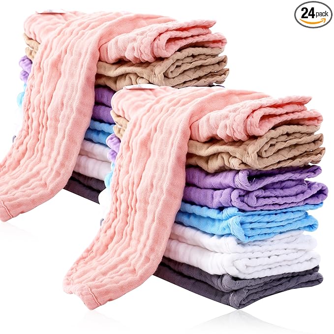 Cute Castle 24 Pack Muslin Burp Cloths for Baby - Ultra-Soft 100% Cotton Baby Washcloths - Large 20'' by 10'' Super Absorbent Milk Spit Up Rags - Burpy Cloths for Unisex, Boy, Girl - Multicolor
