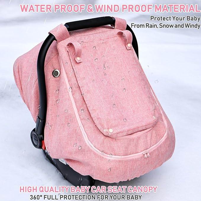 Waterproof Baby Car Seat Cover，YVMVDV Patented Pink Cold Weather Carseat Cover for Babies,Infant Car Seat Cover Canopy for Girls, Windproof Car Seat Canopy for Girls, Keeps Babies Warm and Cozy