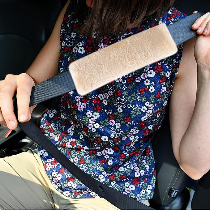Amooca Authentic Sheepskin Seatbelt Cover Real Wool Car Truck SUV Airplane Seat Belt Shoulder Pad for Carmera Backpack Straps Neck Cushion Protector 2 Pack Beige