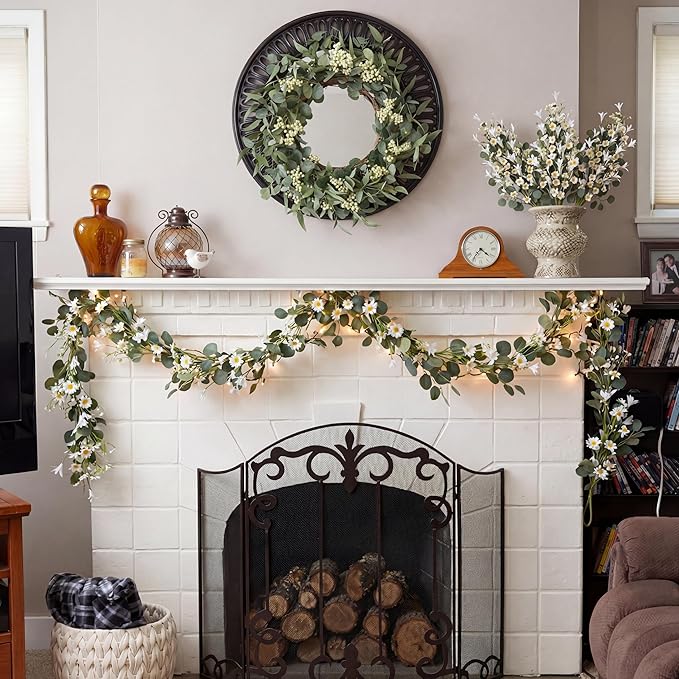 Pinkpum 20'' Eucalyptus Wreath 6FT Flower 17'' Artificial Silk Flowers Set 9 for Front Door White Floral Fireplace Table Hanging Porch Wall Home Decor Farmhouse Indoor Outdoor Summer Spring Garland