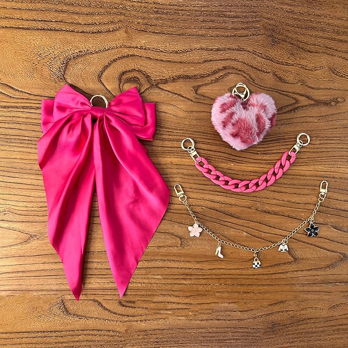 CuddleJunk Bag Charms for Tote Bags, Satin Bow Keychain Kit Accessories for Yeti Camino, Fluffy Ball Gold Chains Charms for Women Purse Beach Handbag