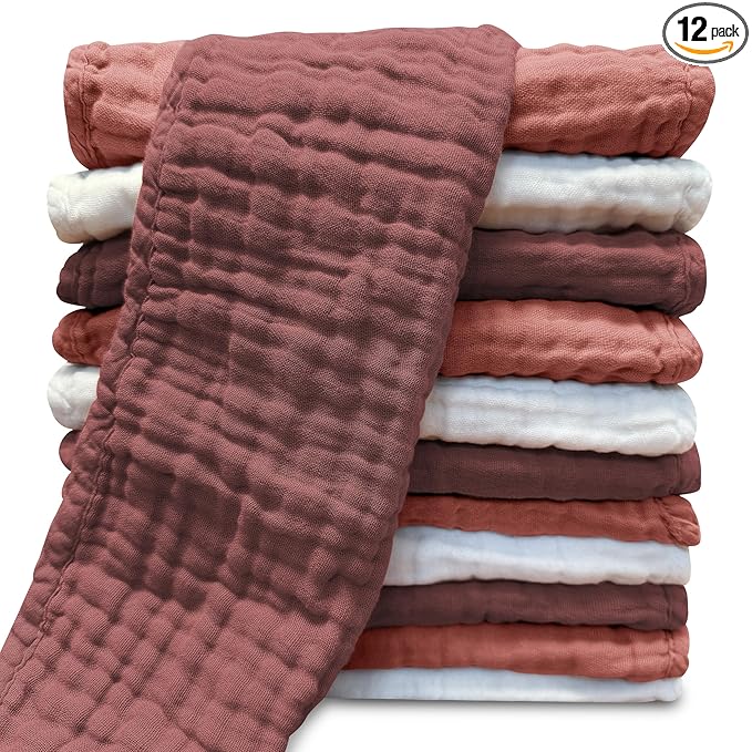 Muslin Burp Cloths for Baby 100% Cotton Burping Cloths for Unisex, Boy, Girl - Large 20'' by 10'' Newborn Essentials Ultra Soft Absorbent Milk Spit Up Rags - 12 Pack - White+Deep Bean Paste Series