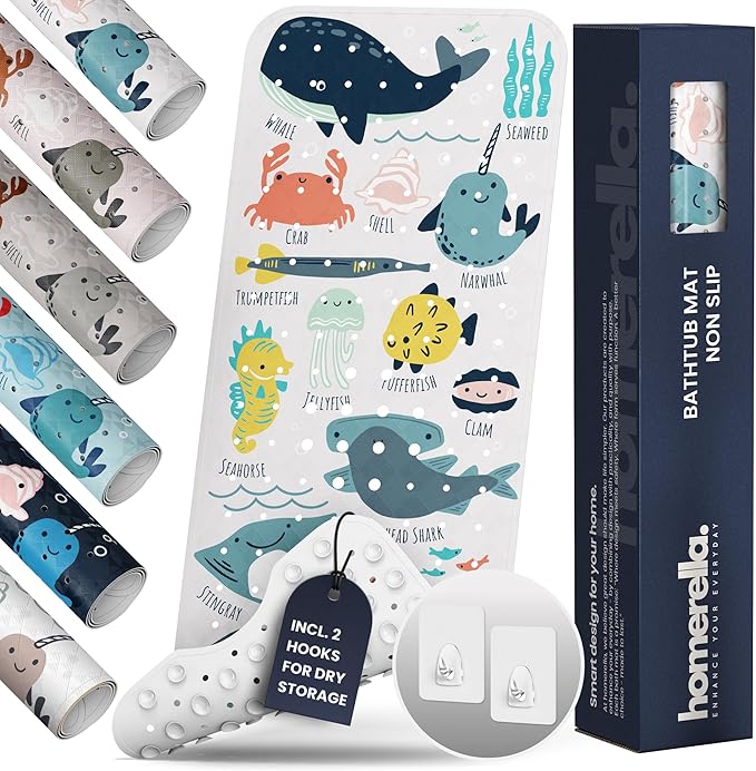 Bath Tub Mat Non Slip Anti Mold for Kids BPA Free INCL Hooks - homerella® Ocean Sea Animals 28x16, Baby Bath Mat Non Slip 200 Suction Cups, Non Toxic Machine Washable Toddler Bath Mat, EU Certified