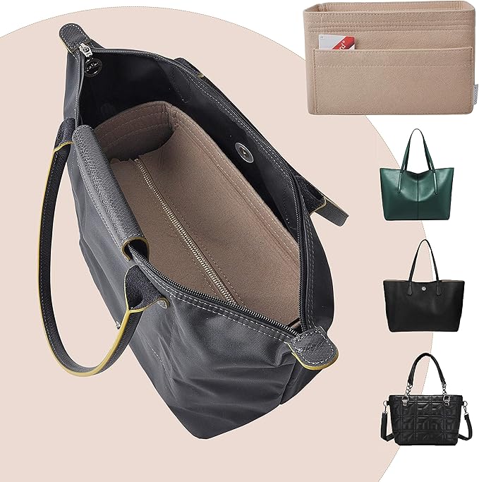 Vercord Felt Zipper Handbag Tote Purse Duffel Backpack Organizer Insert Beige Medium