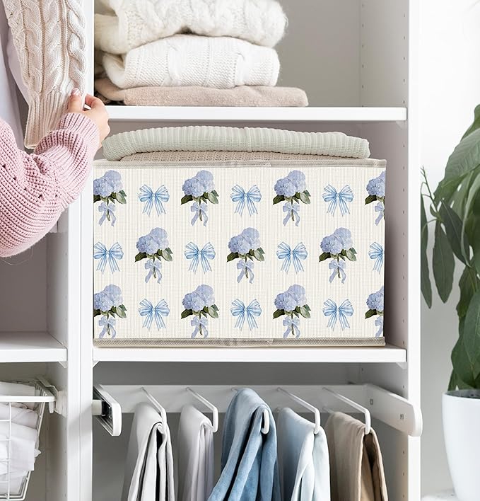 FDHSPAAM Coquette Blue Bow Hydrangea Floral Storage Bins Box with Handles, Cottagecore Floral Collapsible Fabric Storage Basket Box Organizer for Girls Nursery Bedroom Bathroom Clothes Toys Books
