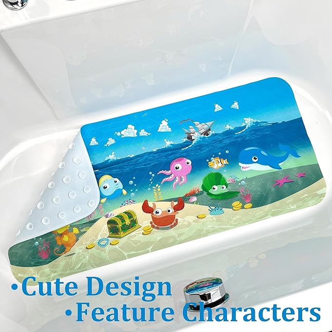 ShineCozy Cartoon Kids Bath Mat - Non Slip Bathtub Mat 35x16 Inch XL Large Size Tub Mats Anti Slip Shower Mats for Bathroom Floor (Ships) (Ships)