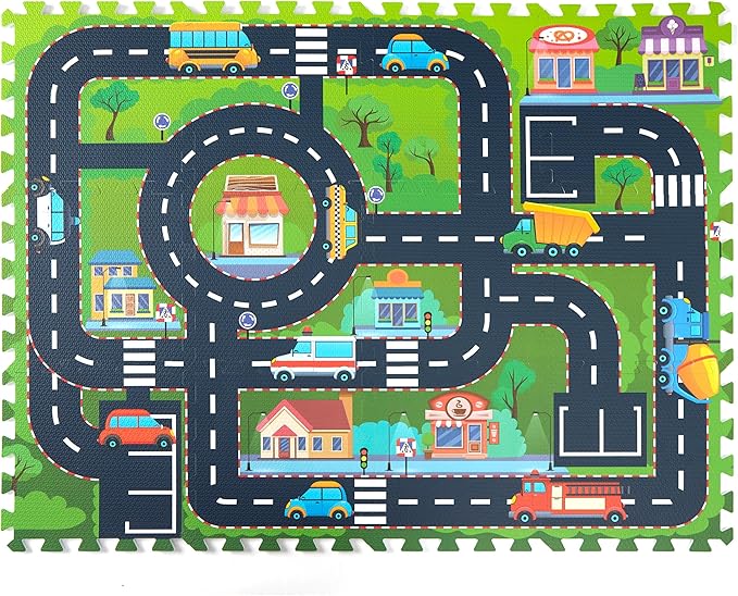 PLAY 10 Foam Play Mat for Baby, Interlocking Foam Tiles, City Road Track Puzzle Mat 12 Pieces