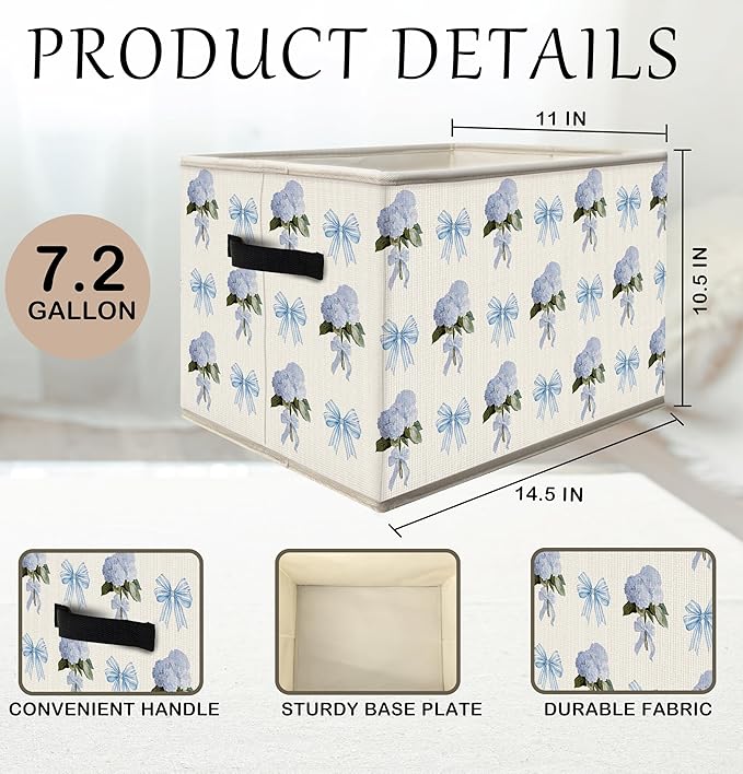FDHSPAAM Coquette Blue Bow Hydrangea Floral Storage Bins Box with Handles, Cottagecore Floral Collapsible Fabric Storage Basket Box Organizer for Girls Nursery Bedroom Bathroom Clothes Toys Books