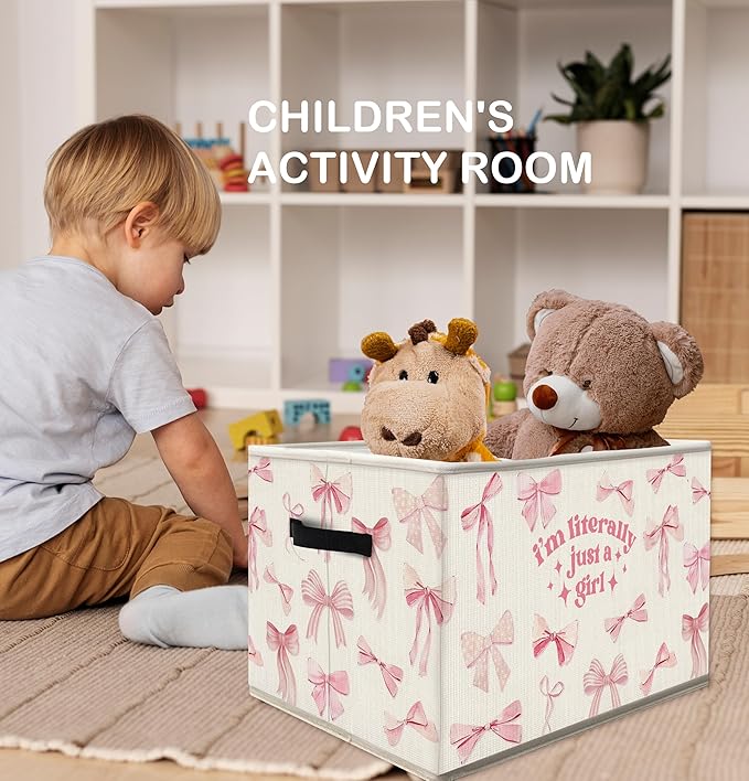 FDHSPAAM Coquette Preppy Pink Bow Storage Bins Box with Handles, I'm Iiterally Just a Girl Collapsible Fabric Storage Basket Box Organizer for Girls Dorm Bedroom Bathroom Clothes Toys Books