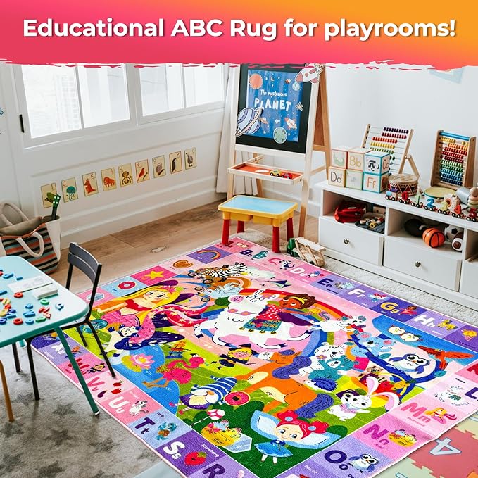 QUOKKA Small Classroom Girl Rug for Kids - 60x41 ABC Rugs for Playroom - Bedroom Alphabet Learning Area Rug - Girls Toddler Rugs Boys and Girls - Kids Room Carpet