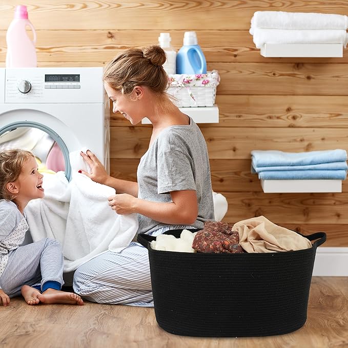 Large Rectangle Blankets Basket Living Room 22"x17"x12" Woven Cotton Rope Storage Baskets for Nursery Toy Baskets for Kids and Dogs Wicker Laundry Basket Bin for Clothes Towels black