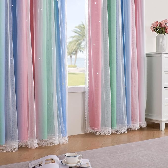 XiDi Curtains for Bedroom Decor, Rainbow Pink GreenBlue34/96/1