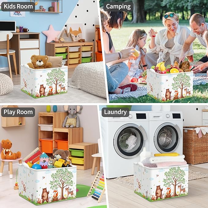 TREWAVE Baby Storage Basket Woodland Animals Gift Basket with Handles Rectangular Collapsible Clothes Towel Toys Bin Bookshelf Organizer for Baby Shower Room Nursery Decor