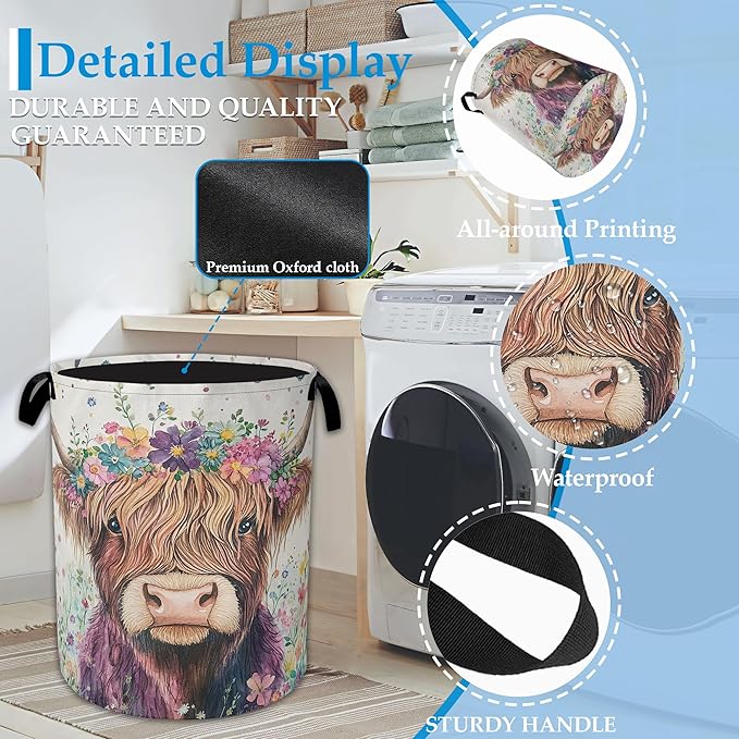 Highland Cow Laundry Basket Collapsible Laundry Hamper Oxford Storage Bin for Clothes Storage, Toy Organizer, Books and Sundries 16" X 20.8"
