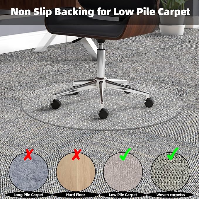 Office Chair Mat for Carpet: 36" x 36" Plastic Heavy Duty Computer Desk Mats for Low Flat and No Pile Carpeted Floor - Clear Rug Pad for Rolling Chairs Office Work Home Gaming Round