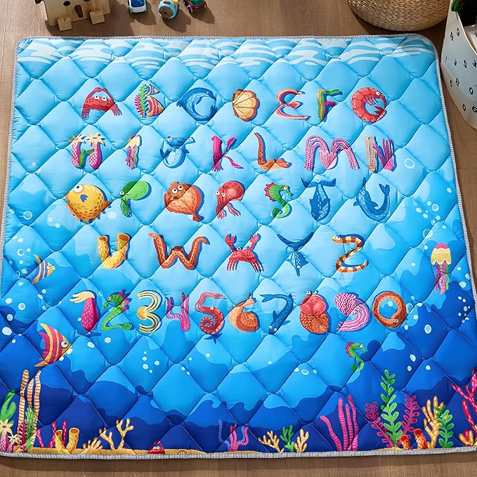 Baby Play Mat for Floor - MORAIS 50x50 Inch with 800g Cotton Filling Thickened Crawling Mat for Playpen, Cushioned Playpen Mat with Anti-Slip Bottom and Animal Alphabet (Ocean Adventure)