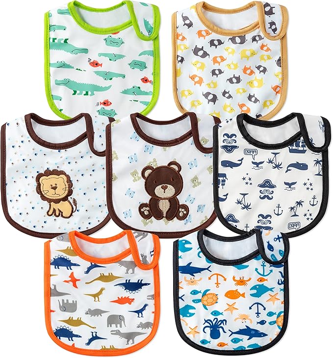 2ooya 7Pcs Cotton Waterproof Baby Bibs Hook Loop Closure Newborn Bib Keepsake Baby Gift for Drooling Feeding Eating