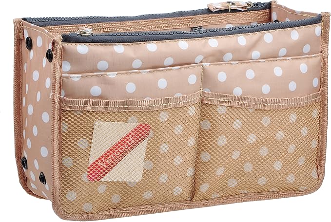 Vercord Updated Purse Handbag Organizer Insert Liner Bag in Bag 13 Pockets Beige Dot Medium