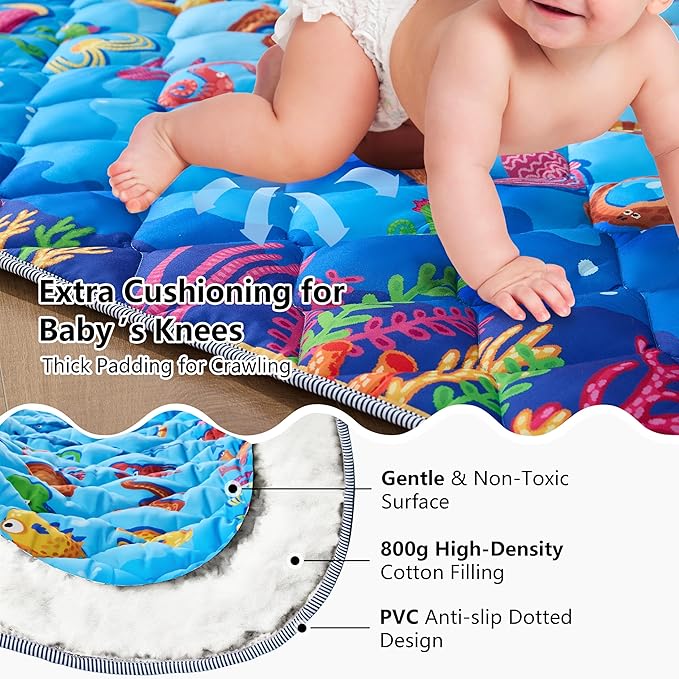 Baby Play Mat for Floor - MORAIS 50x50 Inch with 800g Cotton Filling Thickened Crawling Mat for Playpen, Cushioned Playpen Mat with Anti-Slip Bottom and Animal Alphabet (Ocean Adventure)