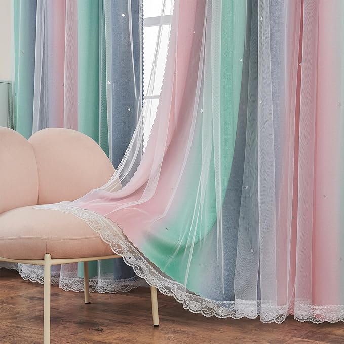 XiDi Curtains for Bedroom Decor, Rainbow Pinkgreen grey52/90