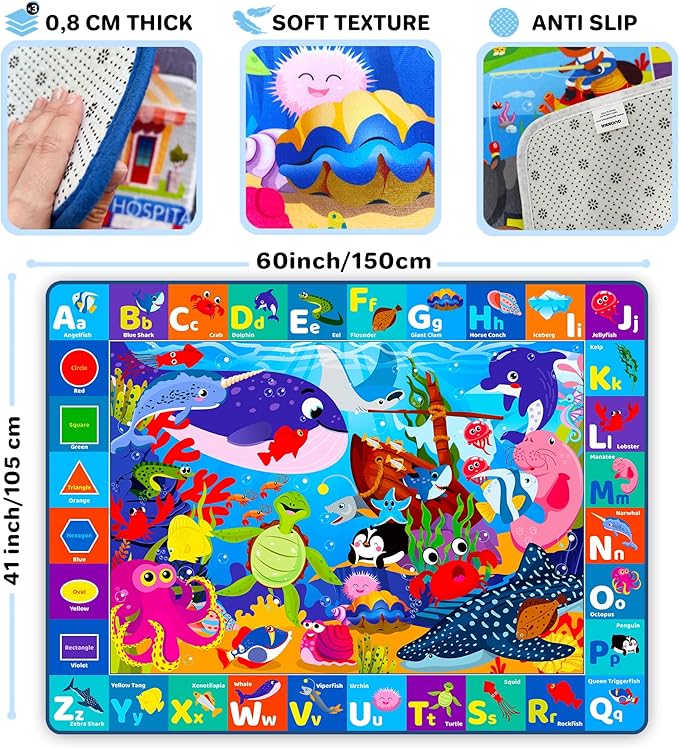 QUOKKA Baby Mat for Floor Play for Babies 6-12 Months – Super Soft Baby Floor Play Mat for Toddlers 1-3 – ABC Ocean Extra Thick Plush Rug for Nursery – Padded Foldable Activity Infant Playroom Carpet