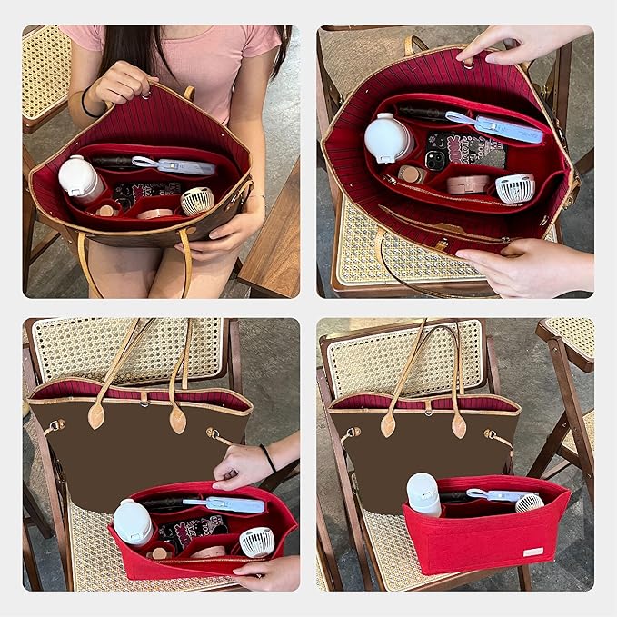 Purse Organizer Insert with Base Shaper,Felt Tote Bag Organizer Insert Compatible with Speedy 30 Neverfull MM,City 33 and More,Bag Inner Shaper for Luxury Bags,Red/L